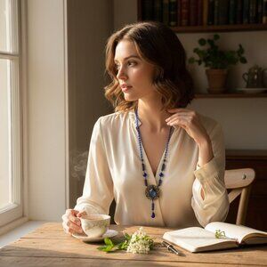 Antique Art Nouveau Czech Cobalt Blue Glass Brass Filigree Tassel Necklace - 38”